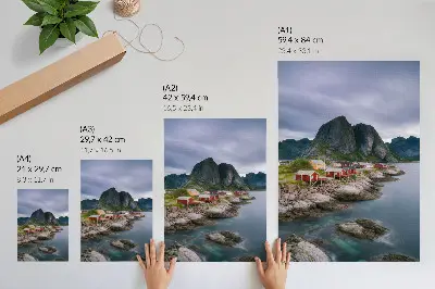 Premium wall art featuring a peaceful landscape of red houses, mountains, and water
