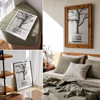 Minimalist landscape with a tree and a bench poster decorative wall art print
