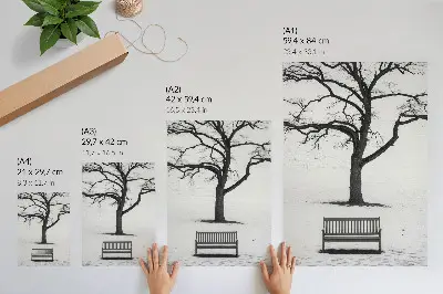 Minimalist landscape with a tree and a bench poster decorative wall art print