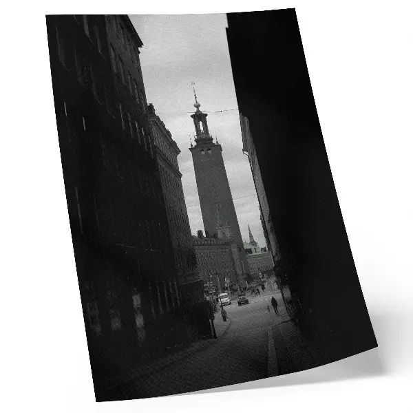 Premium Black and White Street Wall Art with a tower in the monumental center
