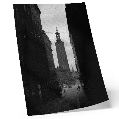 Premium Black and White Street Wall Art with a tower in the monumental center
