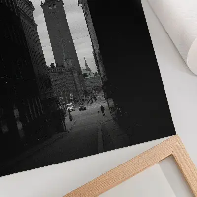 Premium Black and White Street Wall Art with a tower in the monumental center