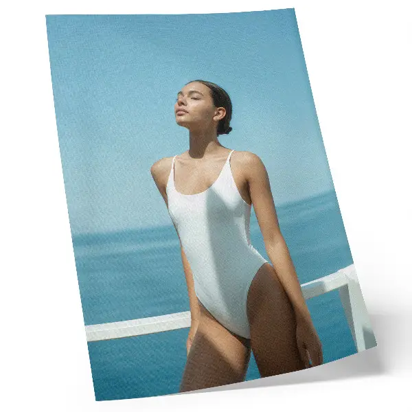 Decorative poster minimalist woman against a sea background in bright colors