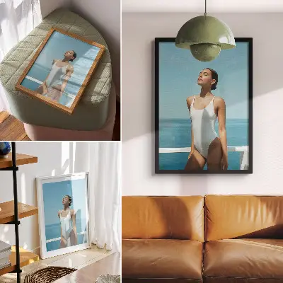 Decorative poster minimalist woman against a sea background in bright colors