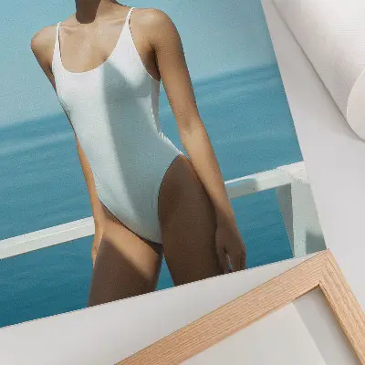 Decorative poster minimalist woman against a sea background in bright colors