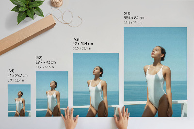 Decorative poster Woman against the sea background bright colors minimalism
