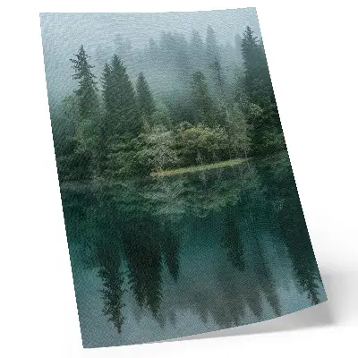 Premium wall art green forest depths with fog reflecting in the water