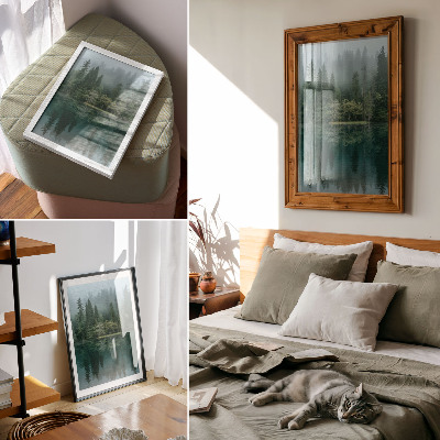 Premium wall art Green forest depths fog reflection in the water