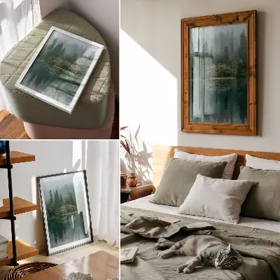 Premium wall art green forest depths with fog reflecting in the water