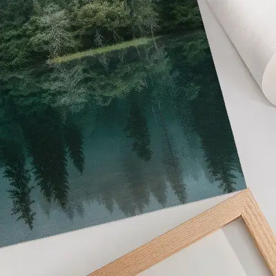 Premium wall art green forest depths with fog reflecting in the water