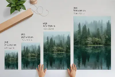 Premium wall art green forest depths with fog reflecting in the water