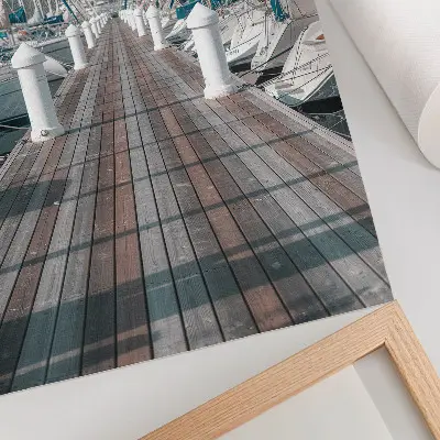Art print featuring a symmetrical view of marina yachts at a jetty under a blue sky