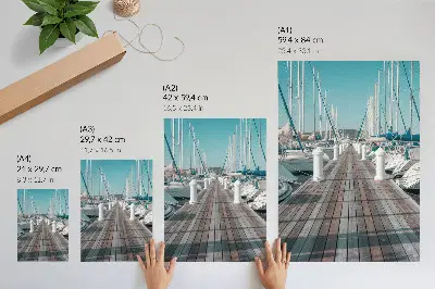 Art print featuring a symmetrical view of marina yachts at a jetty under a blue sky
