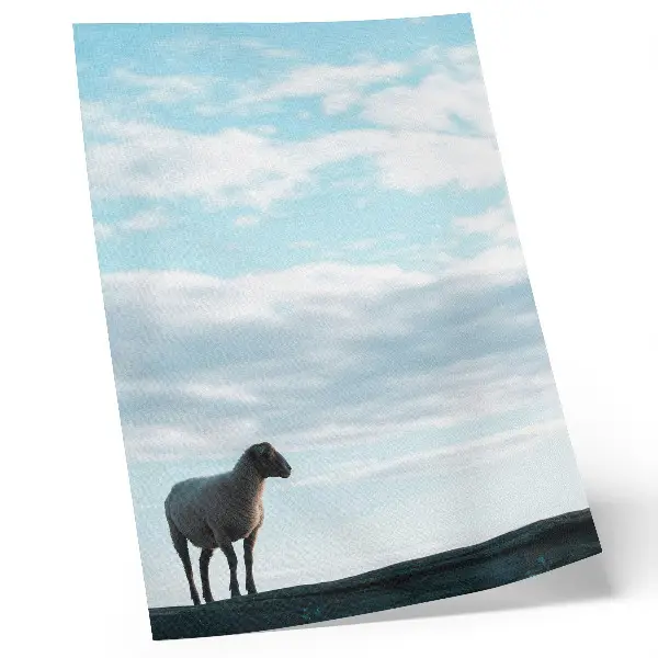 Decorative poster featuring a peaceful sky with clouds and sheep in deep silence