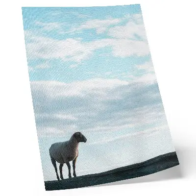 Decorative poster featuring a peaceful sky with clouds and sheep in deep silence