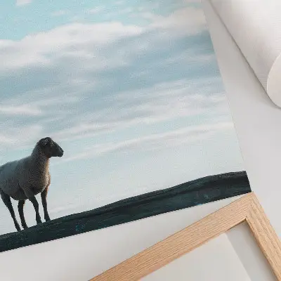 Decorative poster featuring a peaceful sky with clouds and sheep in deep silence
