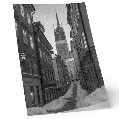 Poster a narrow street with a cathedral in the background