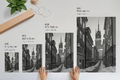 Poster a narrow street with a cathedral in the background