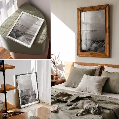 Premium wall art peaceful landscape featuring a bridge over a rocky beach under a gray sky