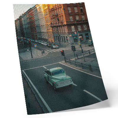 Art print Tenement houses retro car sunset atmosphere