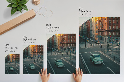 Art print Tenement houses retro car sunset atmosphere
