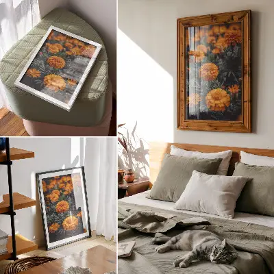 Premium wall art orange flowers with green leaves classic style