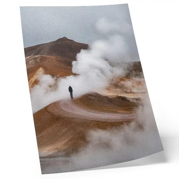 Premium wall art brown mountains steaming mists with a lonely wanderer landscape