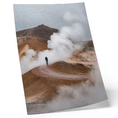 Premium wall art brown mountains steaming mists with a lonely wanderer landscape