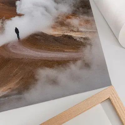 Premium wall art brown mountains steaming mists with a lonely wanderer landscape