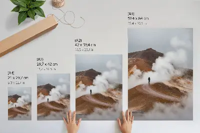 Premium wall art brown mountains steaming mists with a lonely wanderer landscape