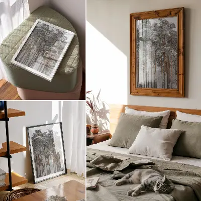 Art print featuring a peaceful winter forest with snowy trees