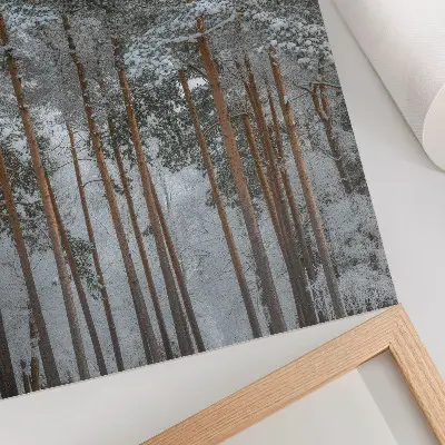 Art print featuring a peaceful winter forest with snowy trees