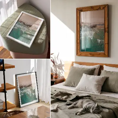 Decorative poster beach waves and sand top view