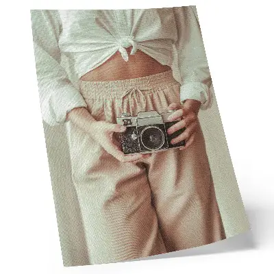 Art print person with a retro camera in bright fabric elegance