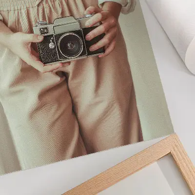 Art print person with a retro camera in bright fabric elegance