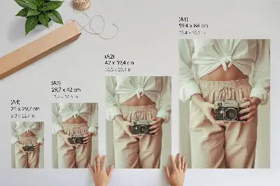 Art print person with a retro camera in bright fabric elegance