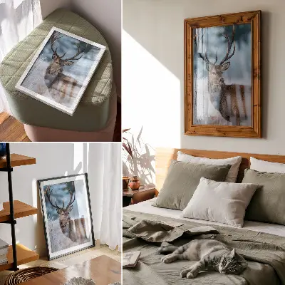 Decorative poster featuring a majestic deer in a winter nature landscape