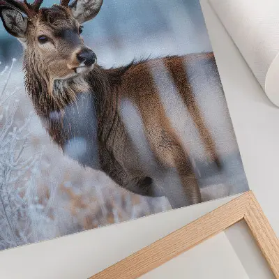 Decorative poster featuring a majestic deer in a winter nature landscape