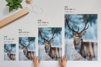 Decorative poster featuring a majestic deer in a winter nature landscape