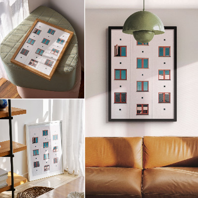 Decorative poster Orange frames, blue windows, white facade