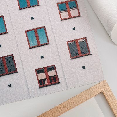 Decorative poster Orange frames, blue windows, white facade