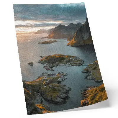 Sunset mountains seaside village art print 