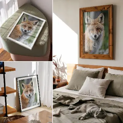 Fox portrait poster with warm shades on a green background