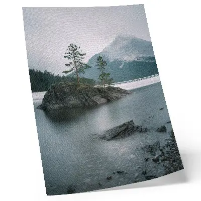 Art print featuring a peaceful landscape of mountains, a lake, and fog