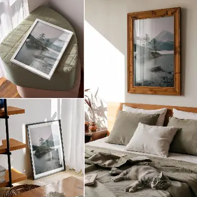 Art print featuring a peaceful landscape of mountains, a lake, and fog