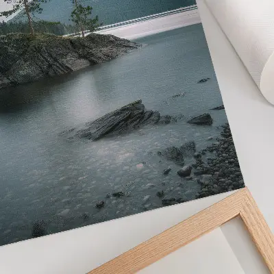 Art print featuring a peaceful landscape of mountains, a lake, and fog