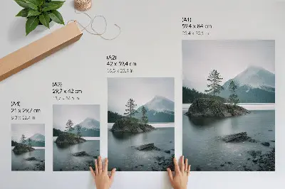 Art print featuring a peaceful landscape of mountains, a lake, and fog