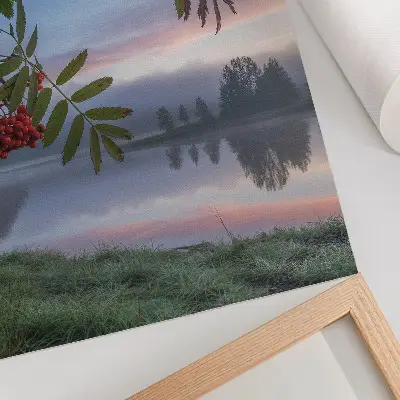 Art print lake in the morning with delicate rowan fog