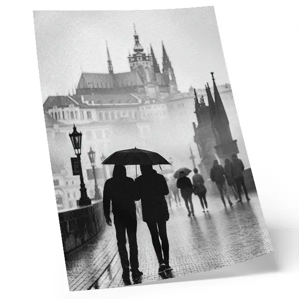 Art print featuring a couple walking in the rain amidst historic architecture