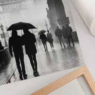 Art print featuring a couple walking in the rain amidst historic architecture